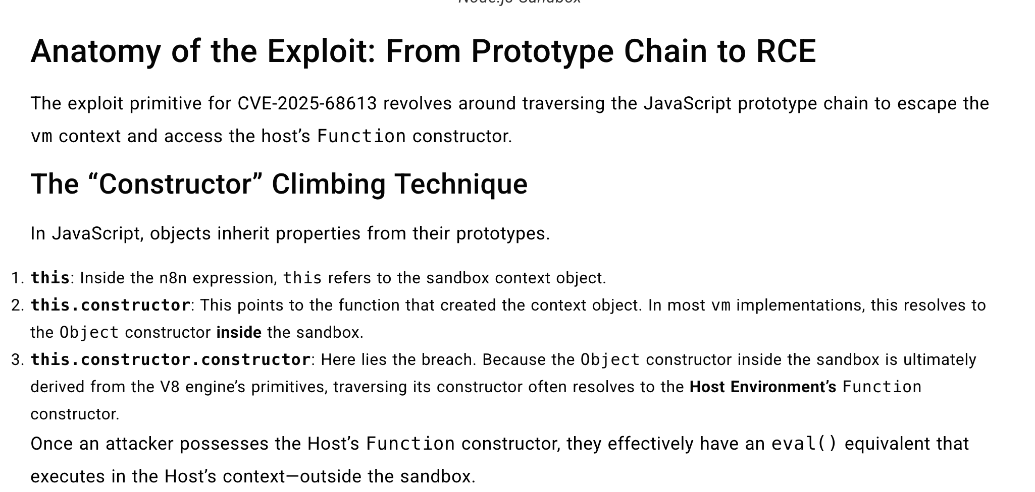 Blog section explaining the constructor climbing technique from prototype chain to RCE in Node.js VM sandbox