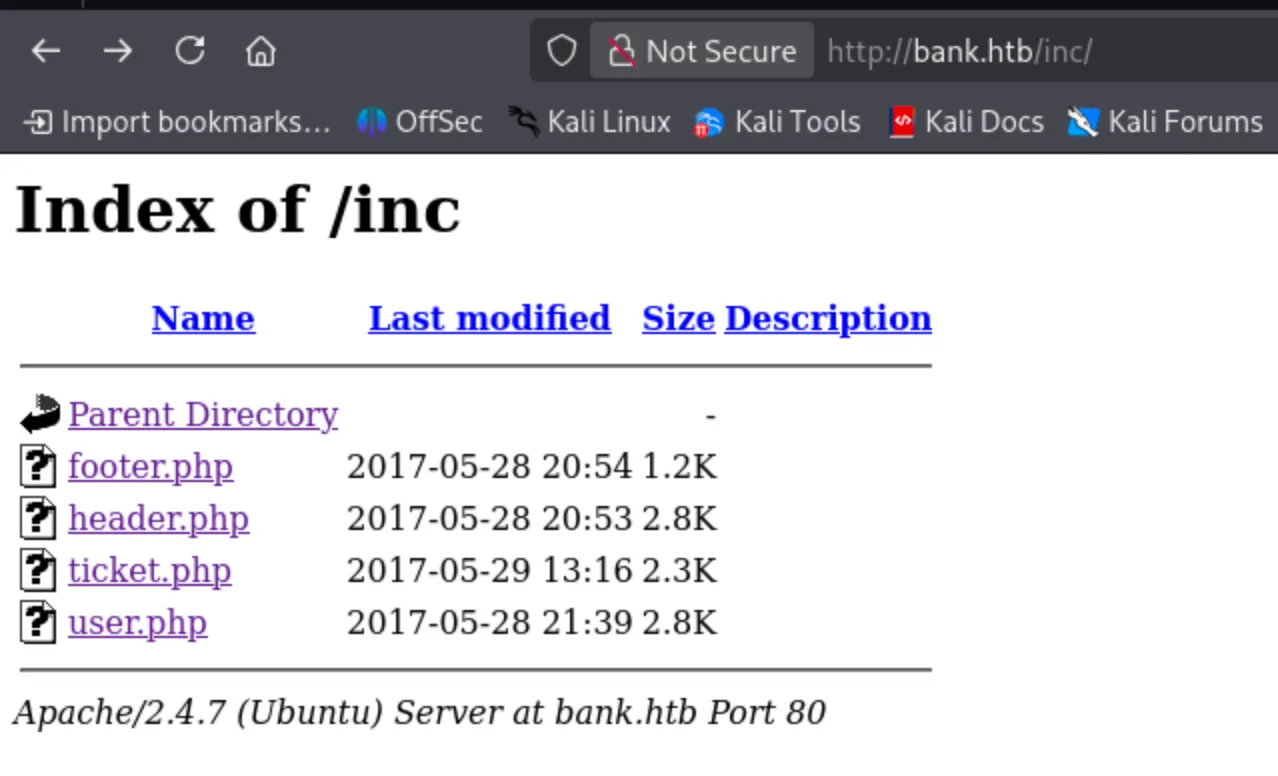 Apache directory listing of /inc/ showing footer.php, header.php, ticket.php, and user.php files