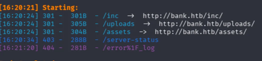 Dirsearch scan results: /inc, /uploads, /assets directories and /server-status (403) found