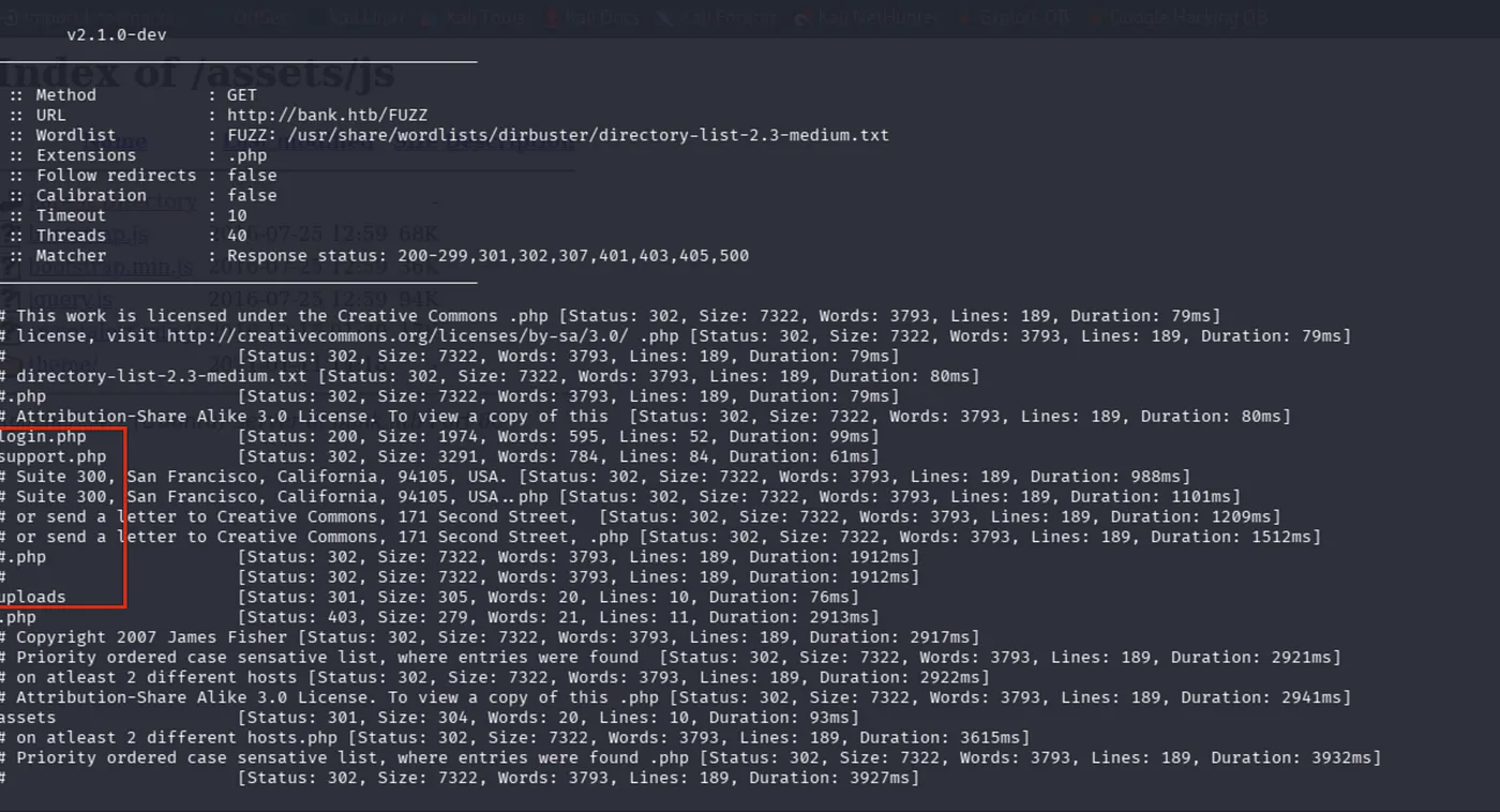 ffuf with medium wordlist: login.php and support.php (200), /uploads (301), balance-transfer directory (253KB) discovered