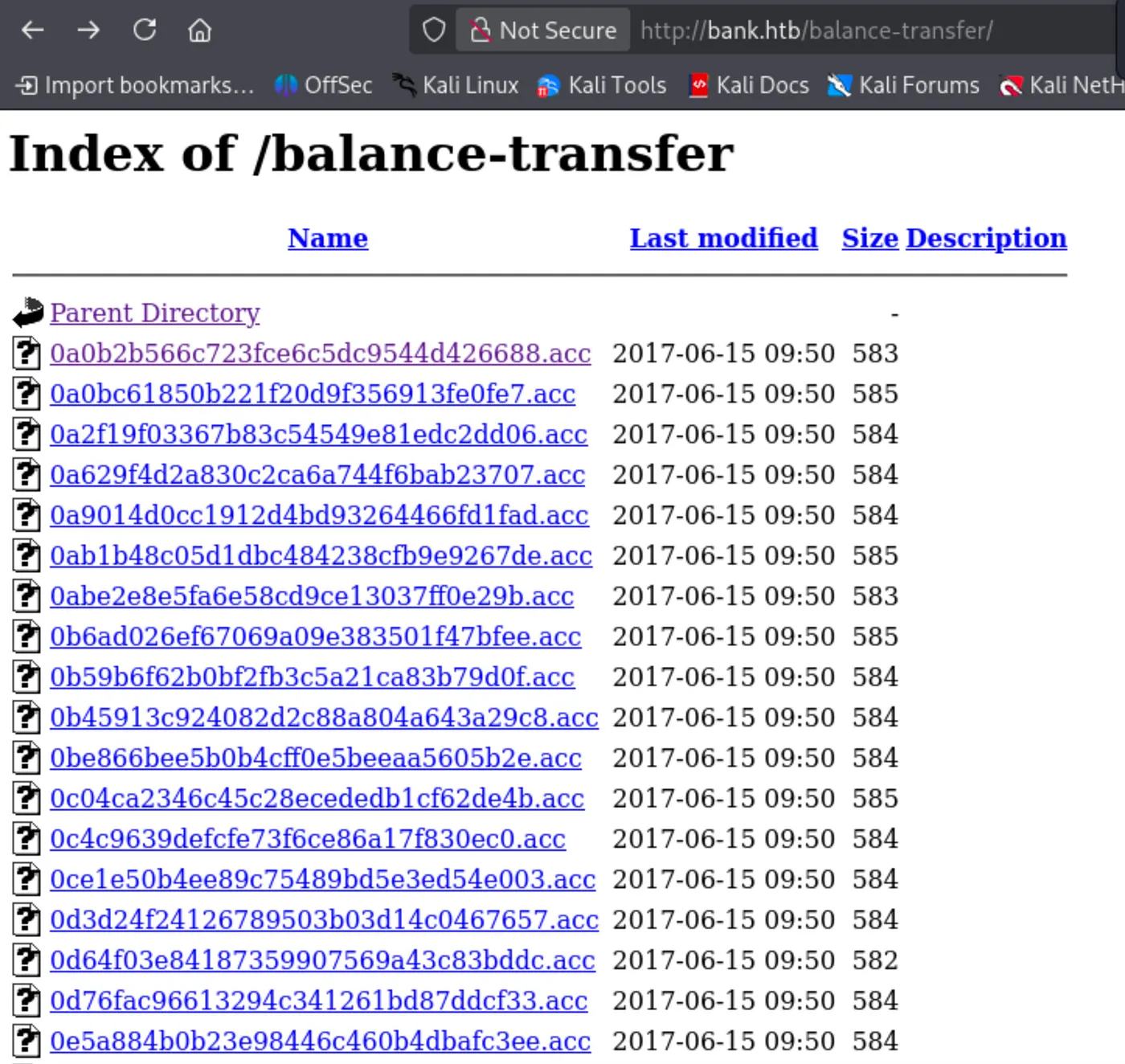 Directory listing of /balance-transfer/ showing hundreds of .acc files with hash-based filenames, all ~584 bytes