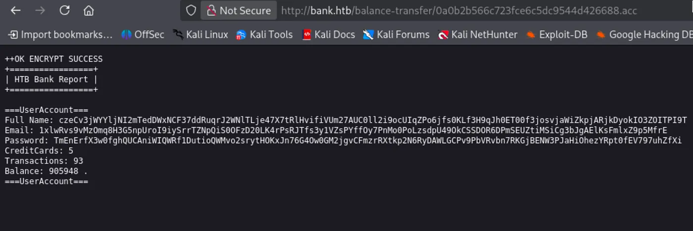 Encrypted .acc file content: HTB Bank Report with base64-encoded Full Name, Email, and Password fields