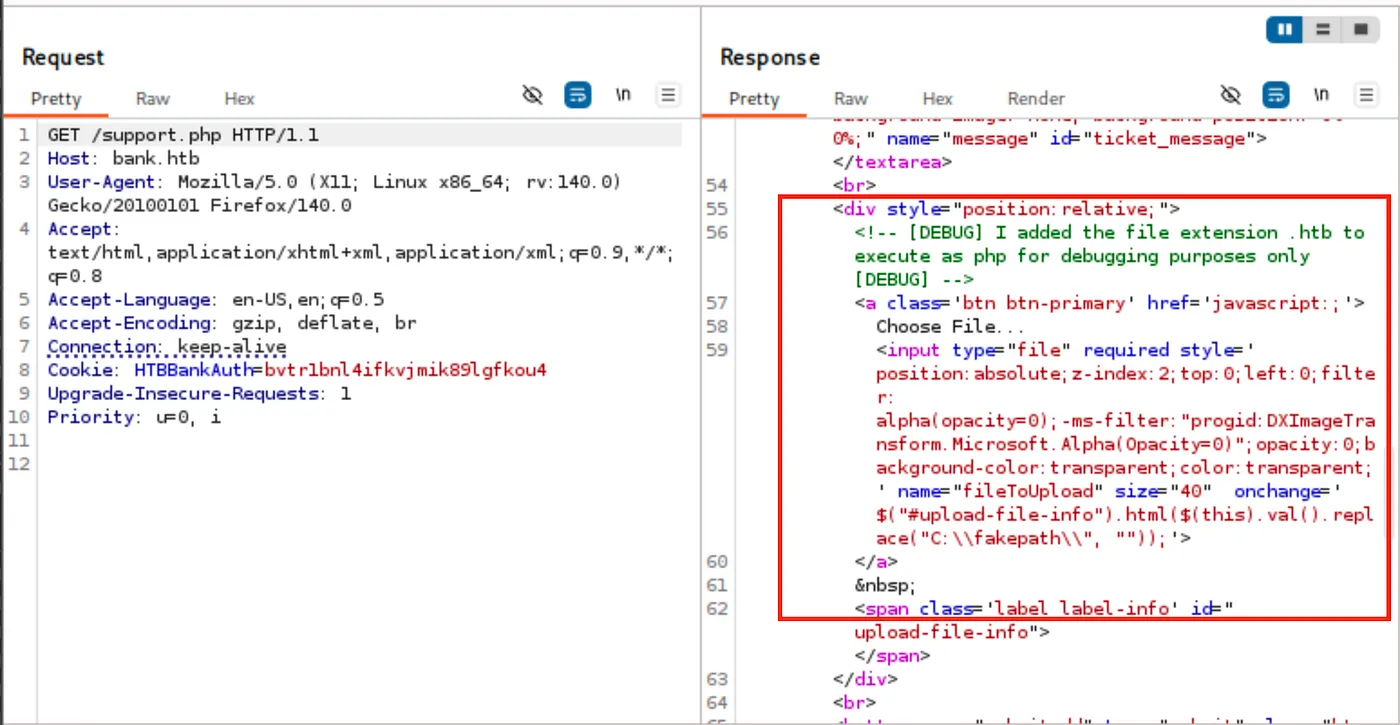 Burp Suite showing support.php HTML source with DEBUG comment: .htb extension executes as PHP