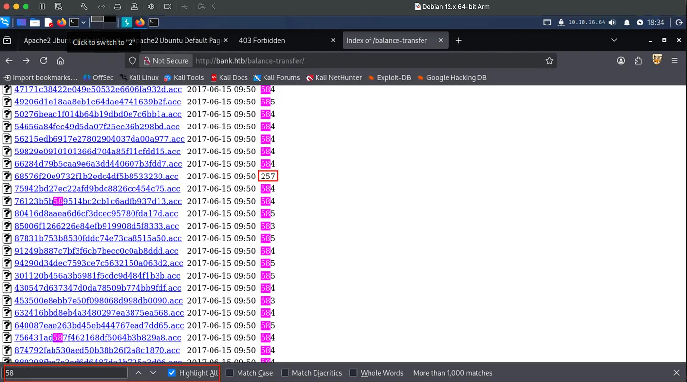 Balance-transfer directory sorted by size: one anomalous file at 257 bytes (all others 582-585), highlighted with search