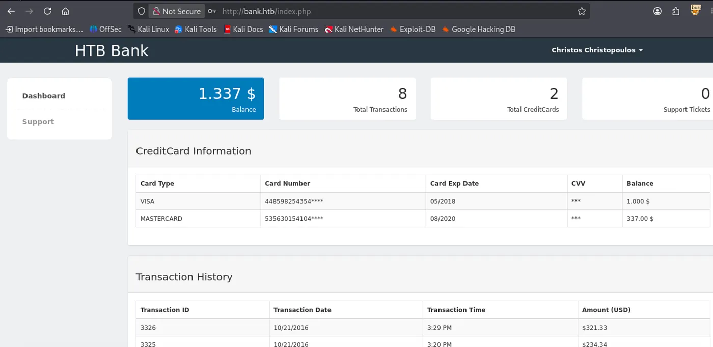 HTB Bank dashboard logged in as Christos: $1,337 balance, 8 transactions, 2 credit cards (VISA + Mastercard)
