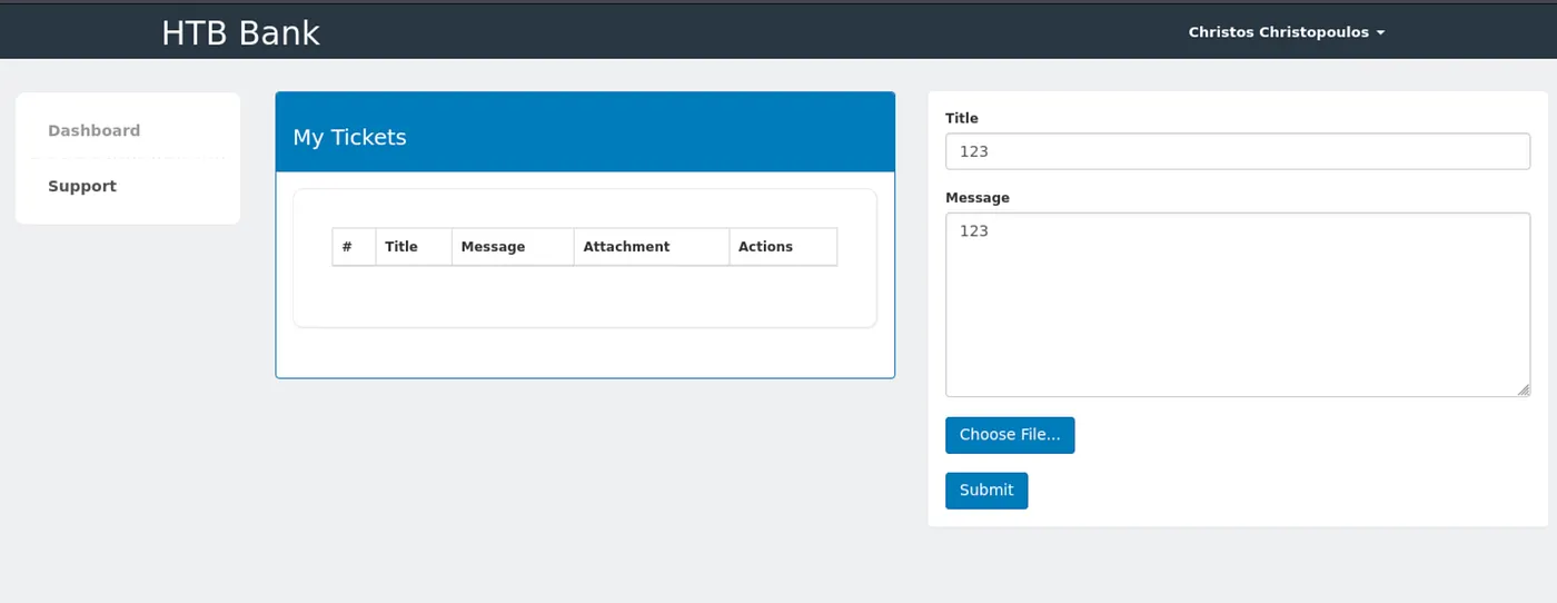 HTB Bank support page: My Tickets table with title/message/attachment fields and file upload form