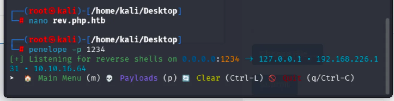 Creating rev.php.htb reverse shell payload in nano and starting Penelope listener on port 1234