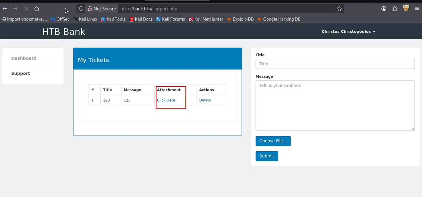 Support ticket submitted with uploaded reverse shell attachment; Click Here link highlighted in ticket table