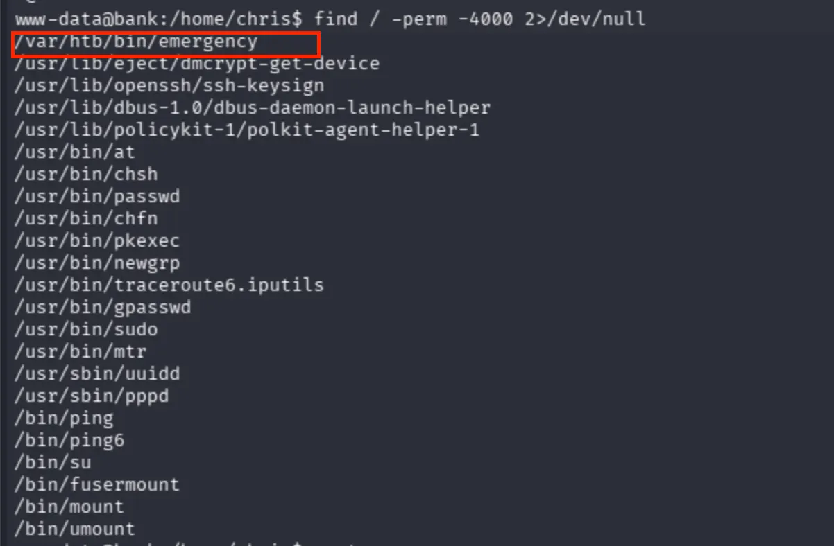 SUID binary search: /var/htb/bin/emergency highlighted as unusual SUID binary among standard system binaries