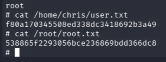Both flags captured: user.txt from /home/chris and root.txt from /root