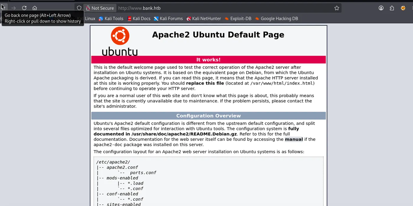 Apache2 Ubuntu Default Page on www.bank.htb showing It works! and configuration overview