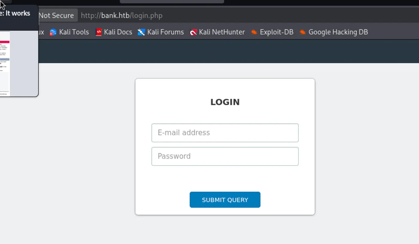 HTB Bank login page at bank.htb/login.php with email and password fields