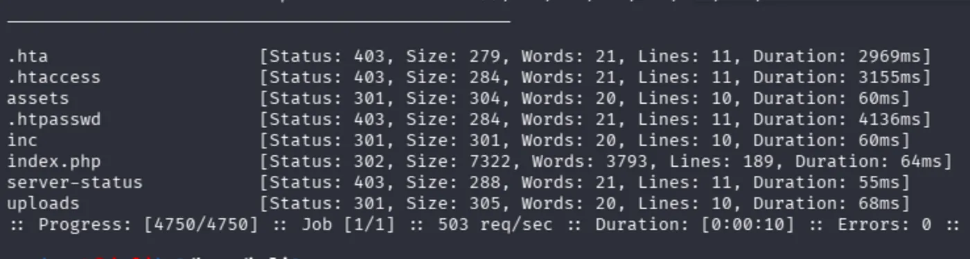 ffuf directory scan results: .hta, .htaccess, assets, inc, index.php, server-status, uploads found on bank.htb