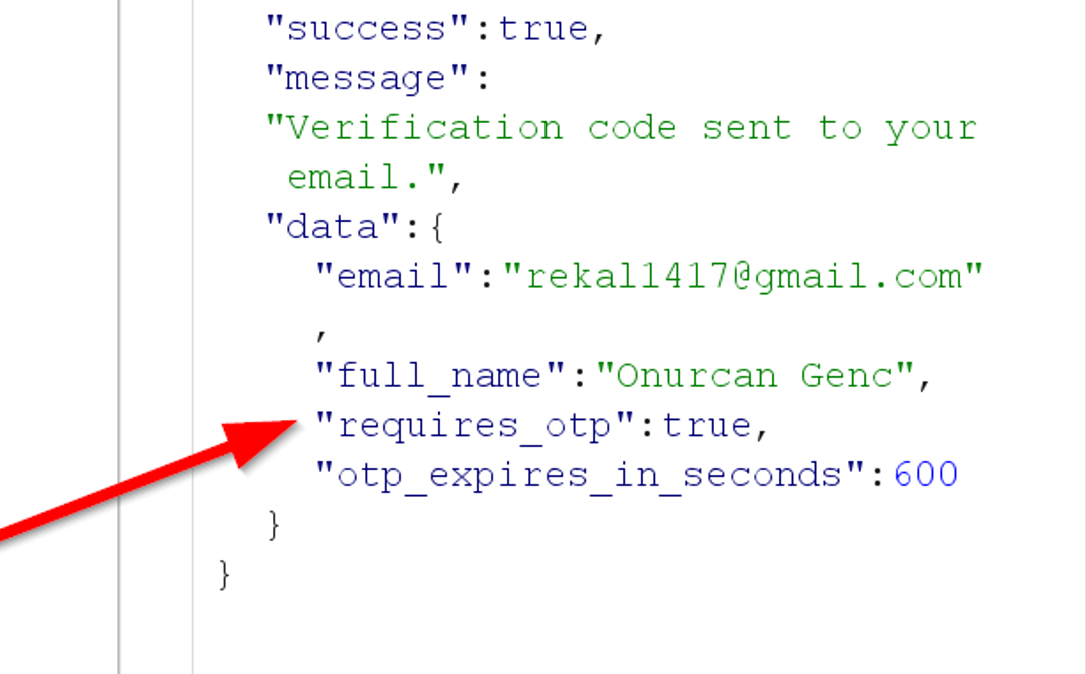 API login response JSON: requires_otp true, otp_expires_in_seconds 600
