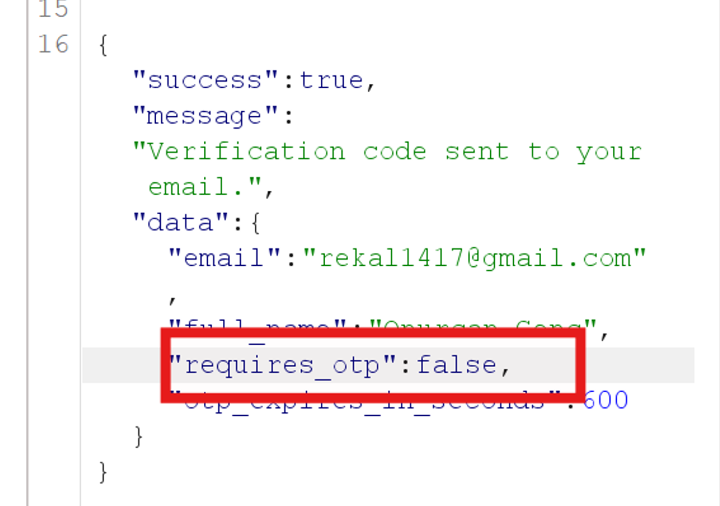 API response with requires_otp:false highlighted in red box - OTP verification bypass vulnerability