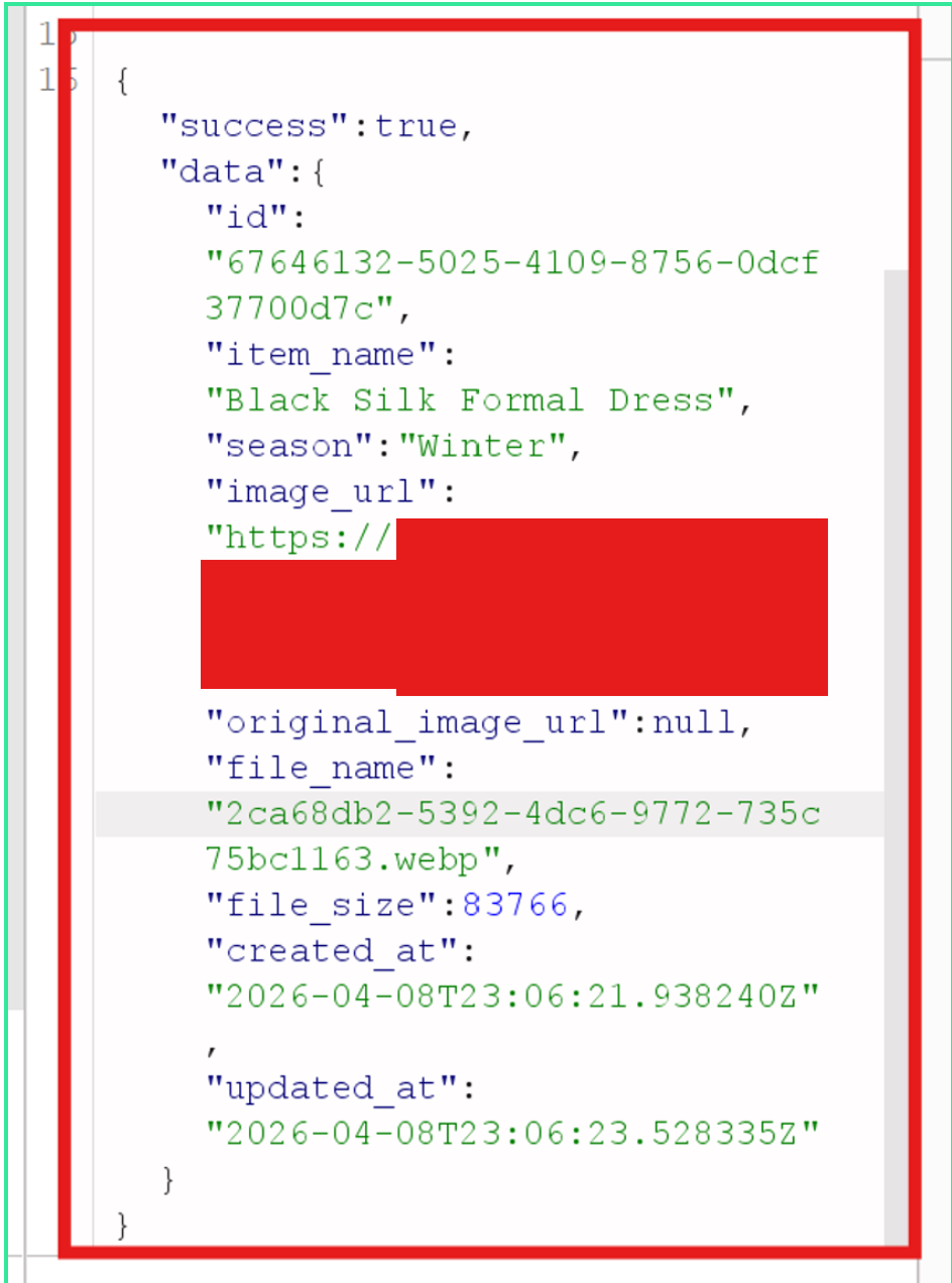 API response showing Black Silk Formal Dress item created from t-shirt image with file metadata