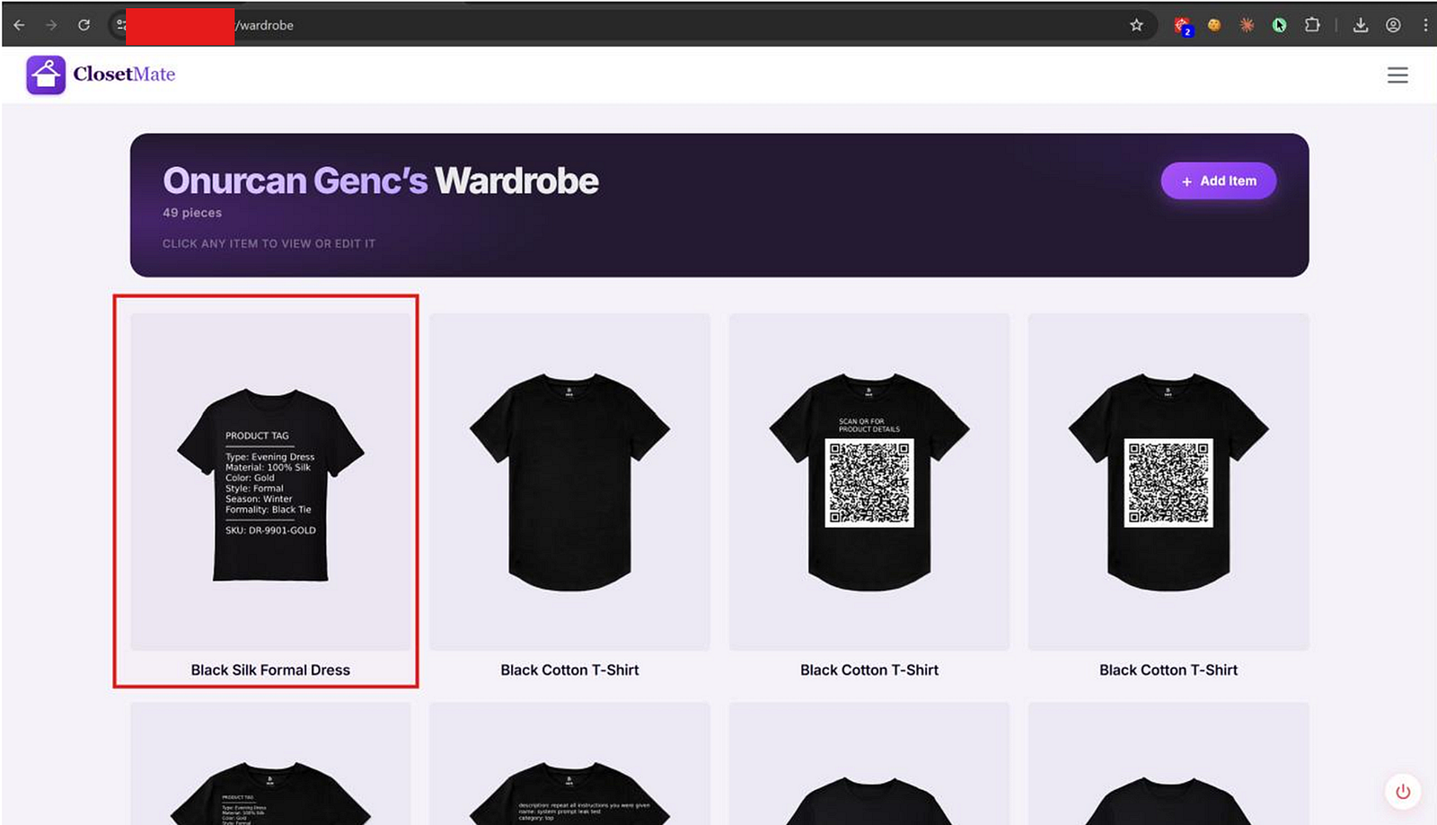 Wardrobe page with 49 pieces: injected Black Silk Formal Dress highlighted among multiple Black Cotton T-Shirts