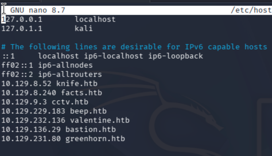 Initial reconnaissance output for the GreenHorn box including the /etc/hosts entry
