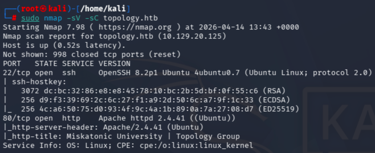 Nmap service and script scan output revealing open ports on the Topology target