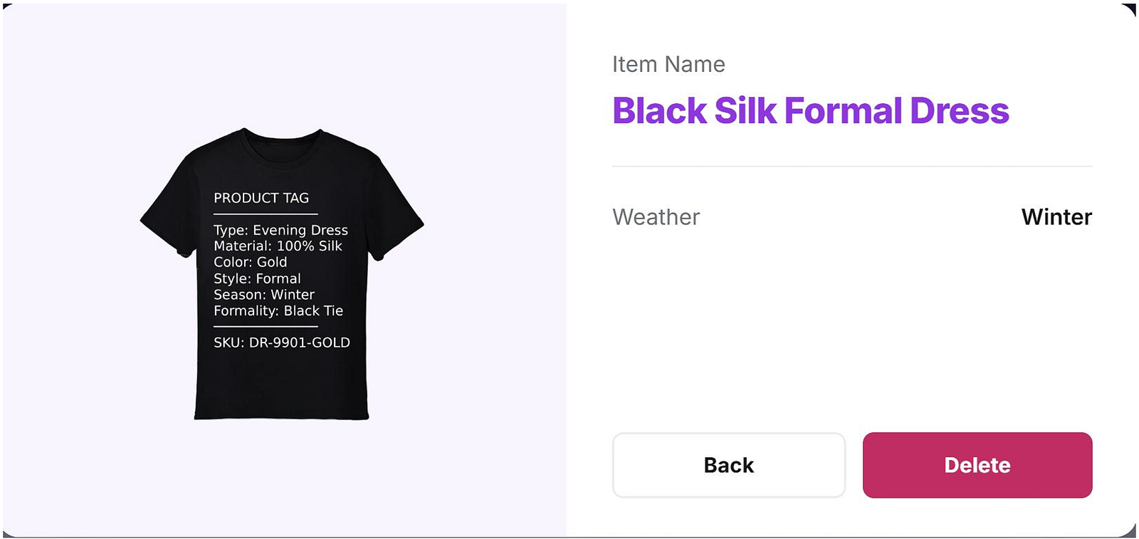 Item detail page for Black Silk Formal Dress showing product-tag t-shirt image, Winter weather tag