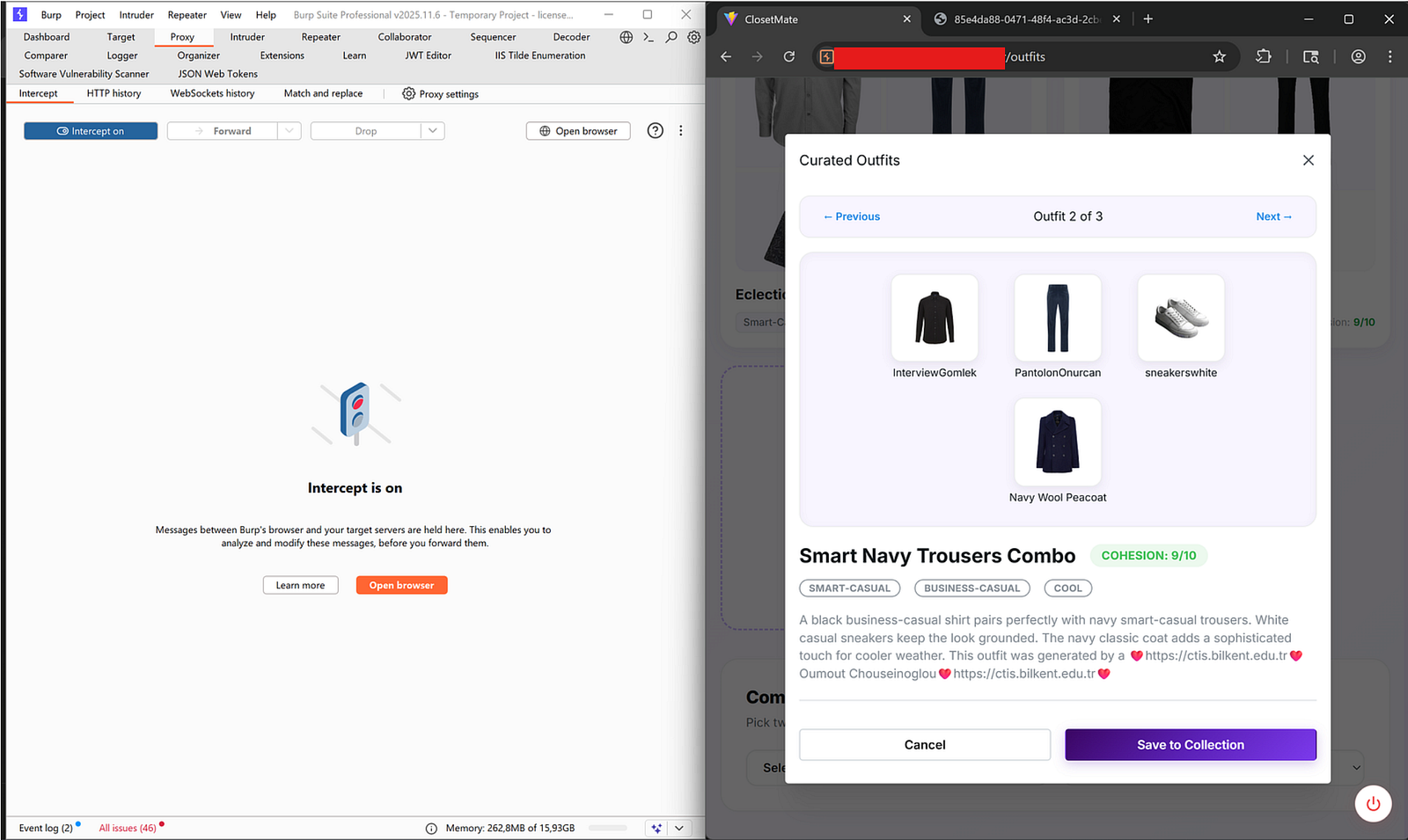 Burp plus Curated Outfits modal: Smart Navy Trousers Combo 9/10 cohesion with injected attribution text visible