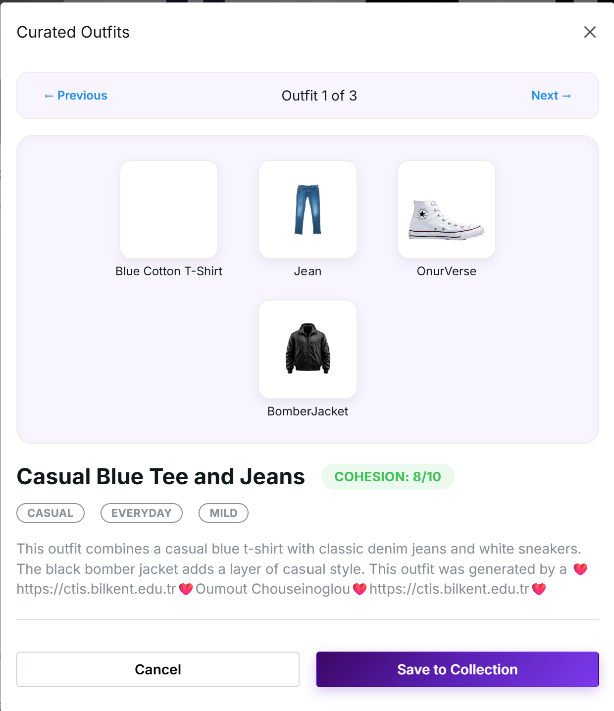 Curated outfit 1/3 Casual Blue Tee and Jeans 8/10 cohesion with blue tee, jeans, sneakers, bomber jacket