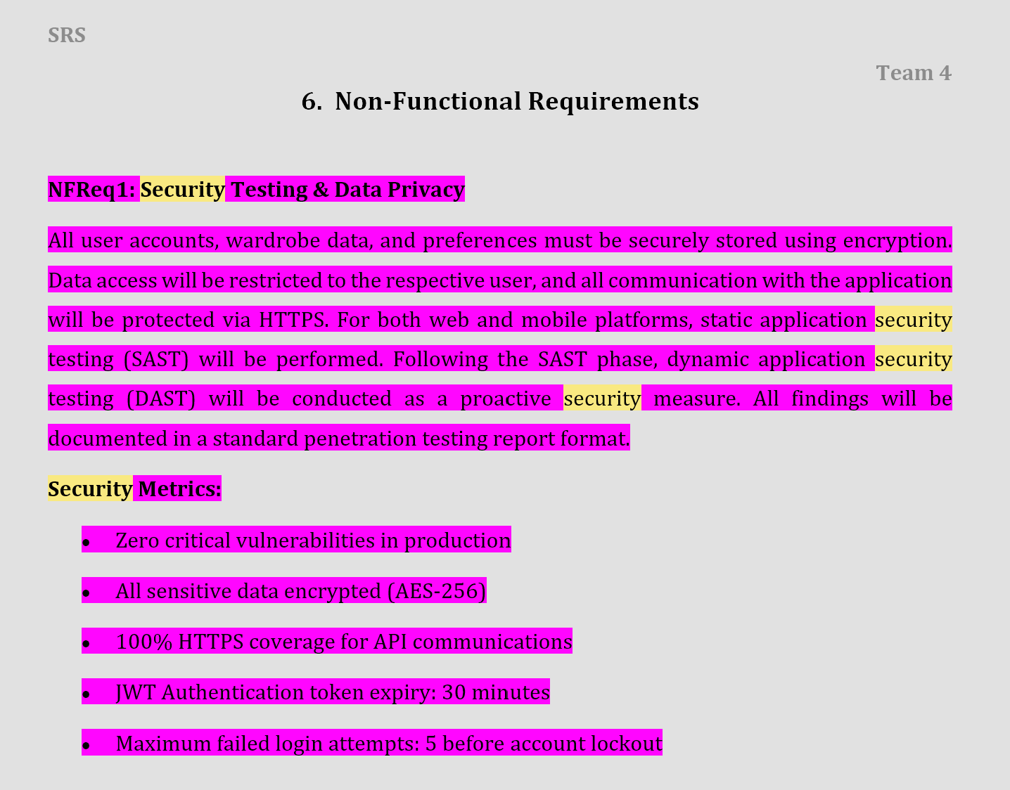 SRS document Non-Functional Requirements section with security testing and data privacy requirements highlighted