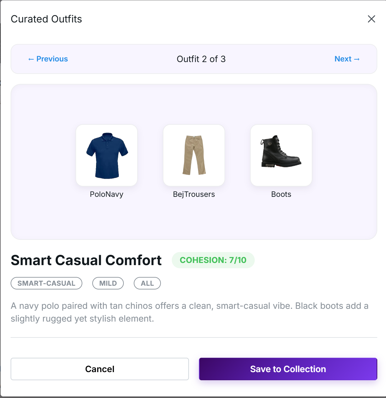 Curated outfit 2/3 Smart Casual Comfort 7/10 cohesion: PoloNavy, BejTrousers, Boots - injection confirmed