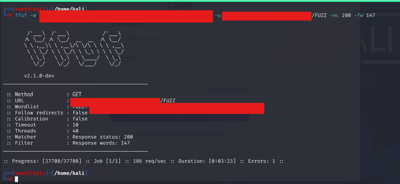 ffuf directory scan on ClosetMate API with 37708 requests completed, login page visible in background