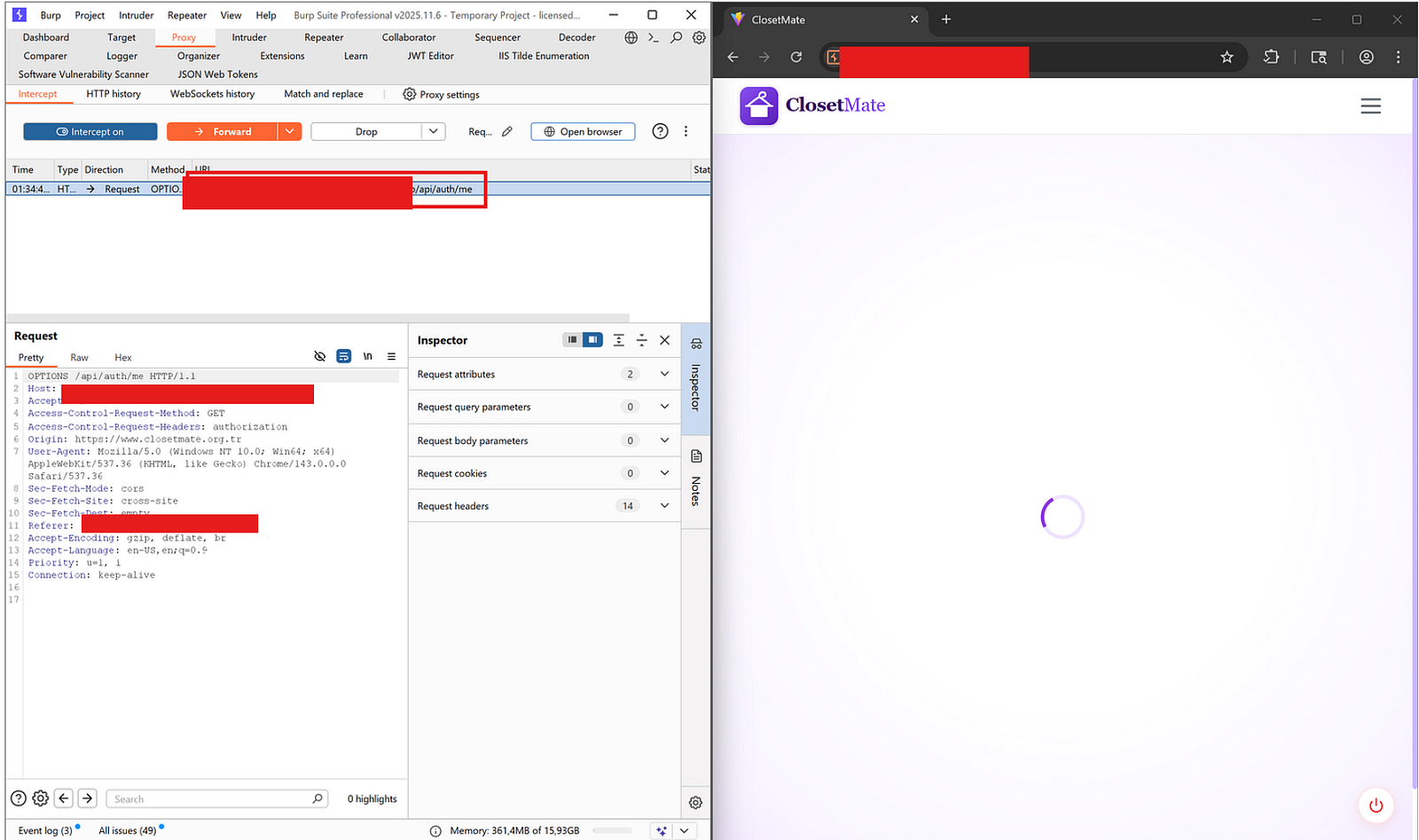 Burp intercepting OPTIONS /api/auth/me CORS preflight request with Access-Control headers