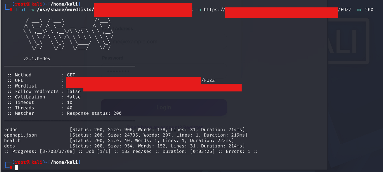 ffuf scan results: redoc, openapi.json, health, docs endpoints discovered on ClosetMate API