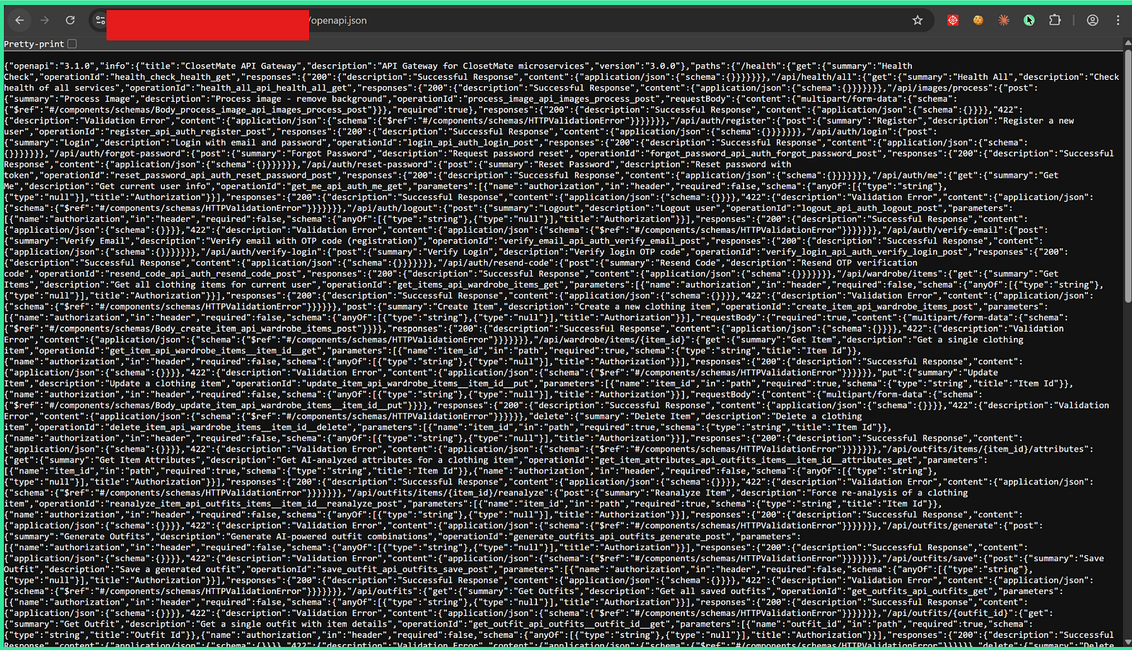 ClosetMate OpenAPI 3.1.0 spec in browser listing all API endpoints for auth, wardrobe, outfits, images