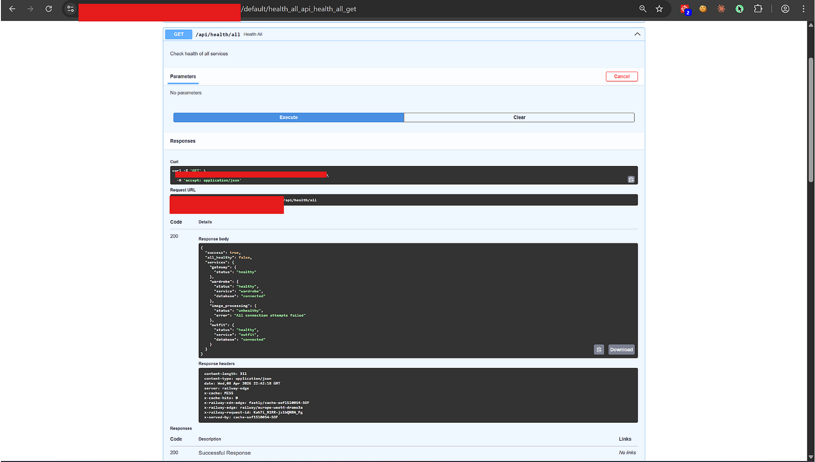 Swagger UI GET /api/health/all response: gateway and outfit healthy, image_processing unhealthy, wardrobe connected