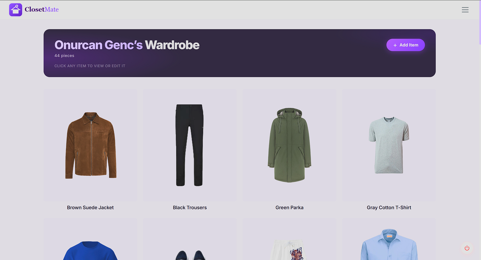 ClosetMate wardrobe grid showing 44 clothing pieces including brown suede jacket, black trousers, green parka