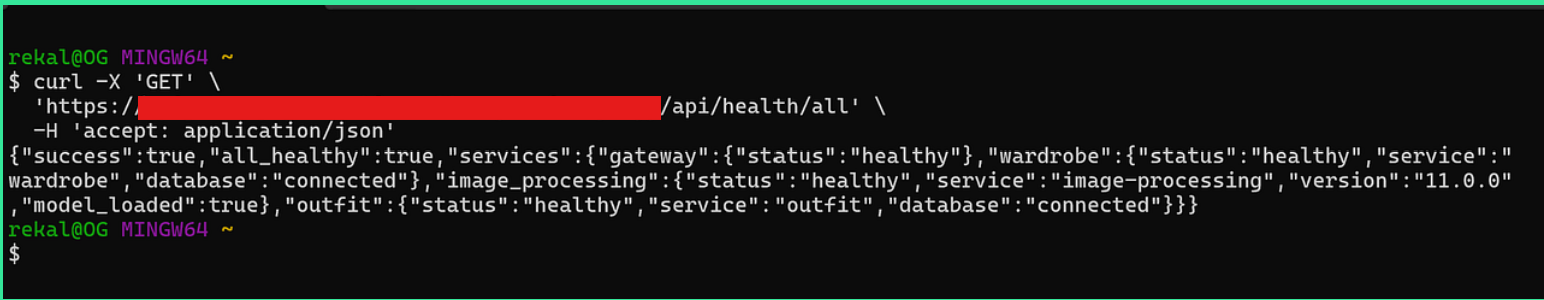 Terminal curl /api/health/all: all 4 services healthy including image_processing v11.0.0 with model loaded
