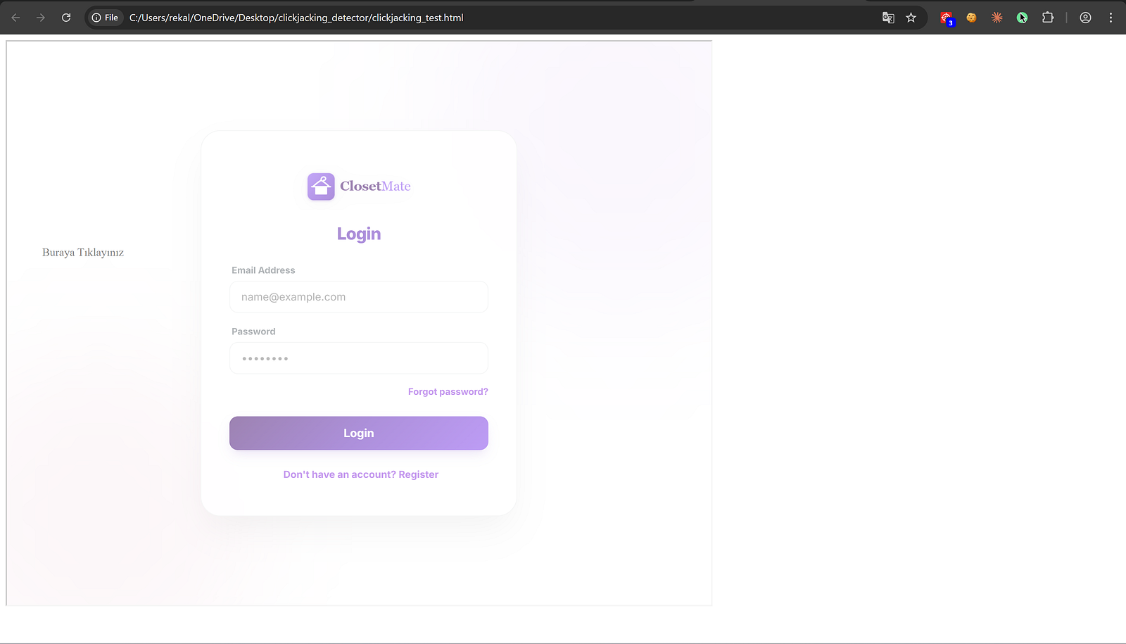 Clickjacking test: ClosetMate login page rendered inside iframe from local HTML file with overlay button