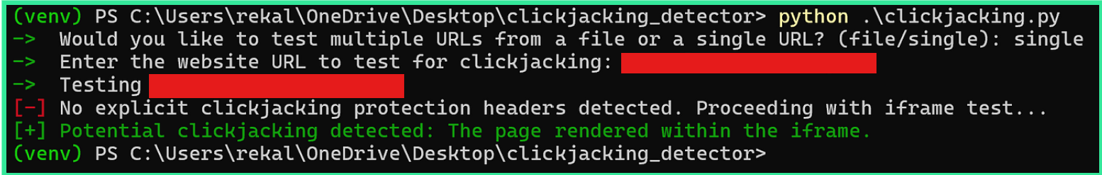 Clickjacking detector script confirms vulnerability: no protection headers, page renders within iframe
