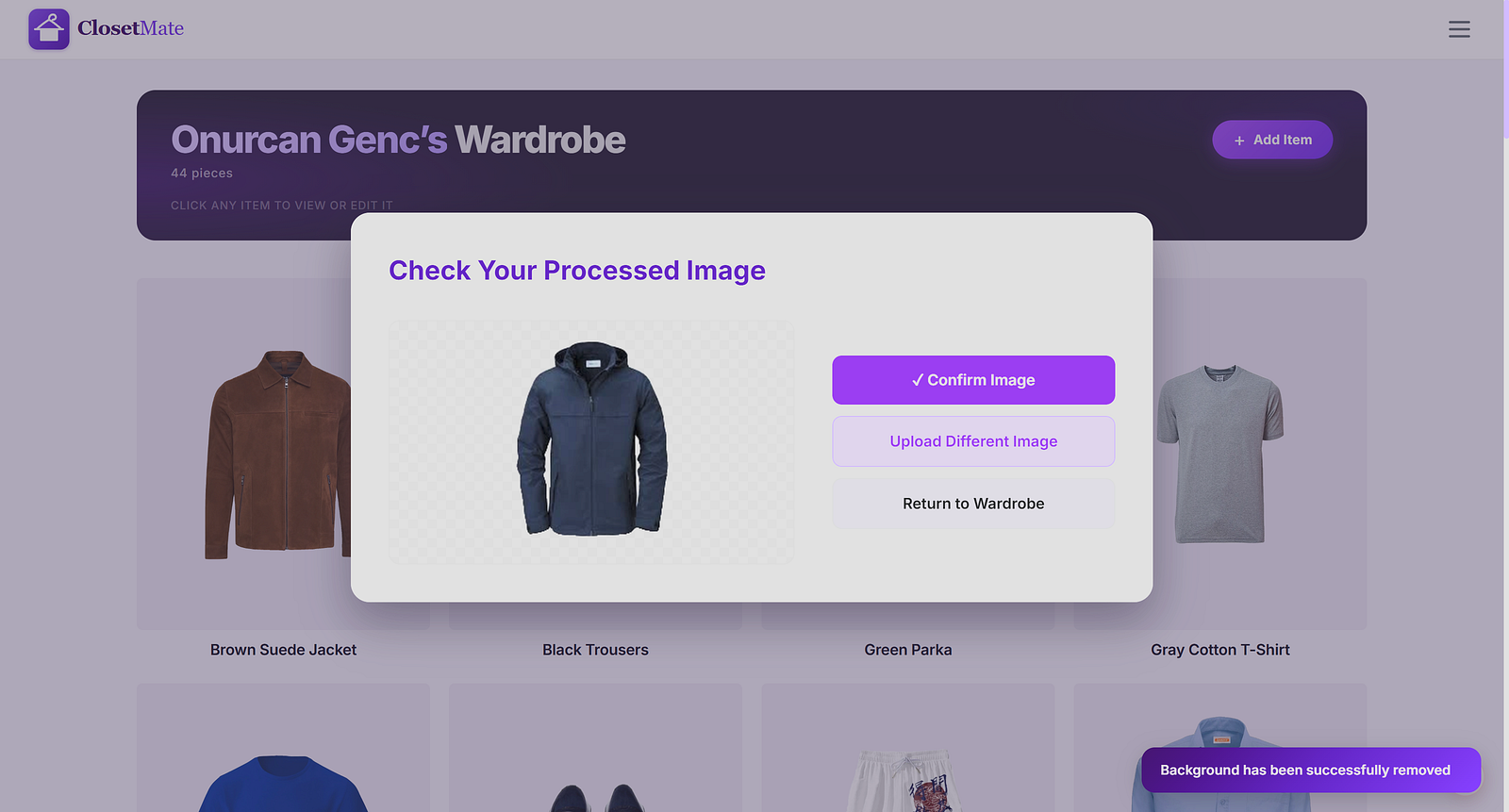 Image processing modal with background-removed jacket preview, Confirm, Upload Another, and Return buttons