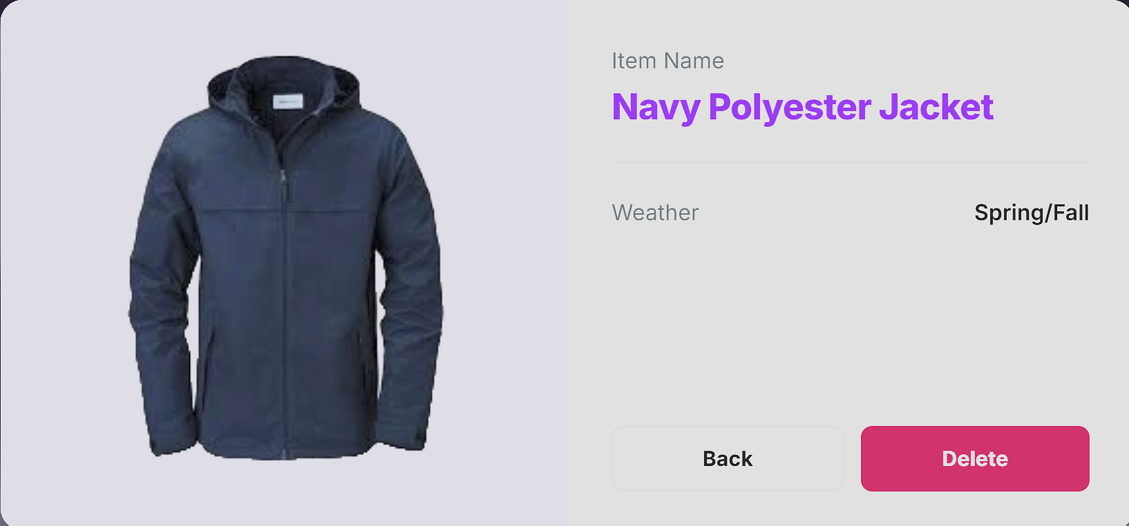 Item detail page for Navy Polyester Jacket with Spring/Fall weather tag, Back and Delete buttons