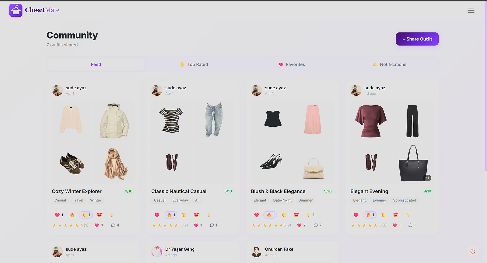 Community feed page showing 7 shared outfits with cohesion scores, ratings, and reaction icons