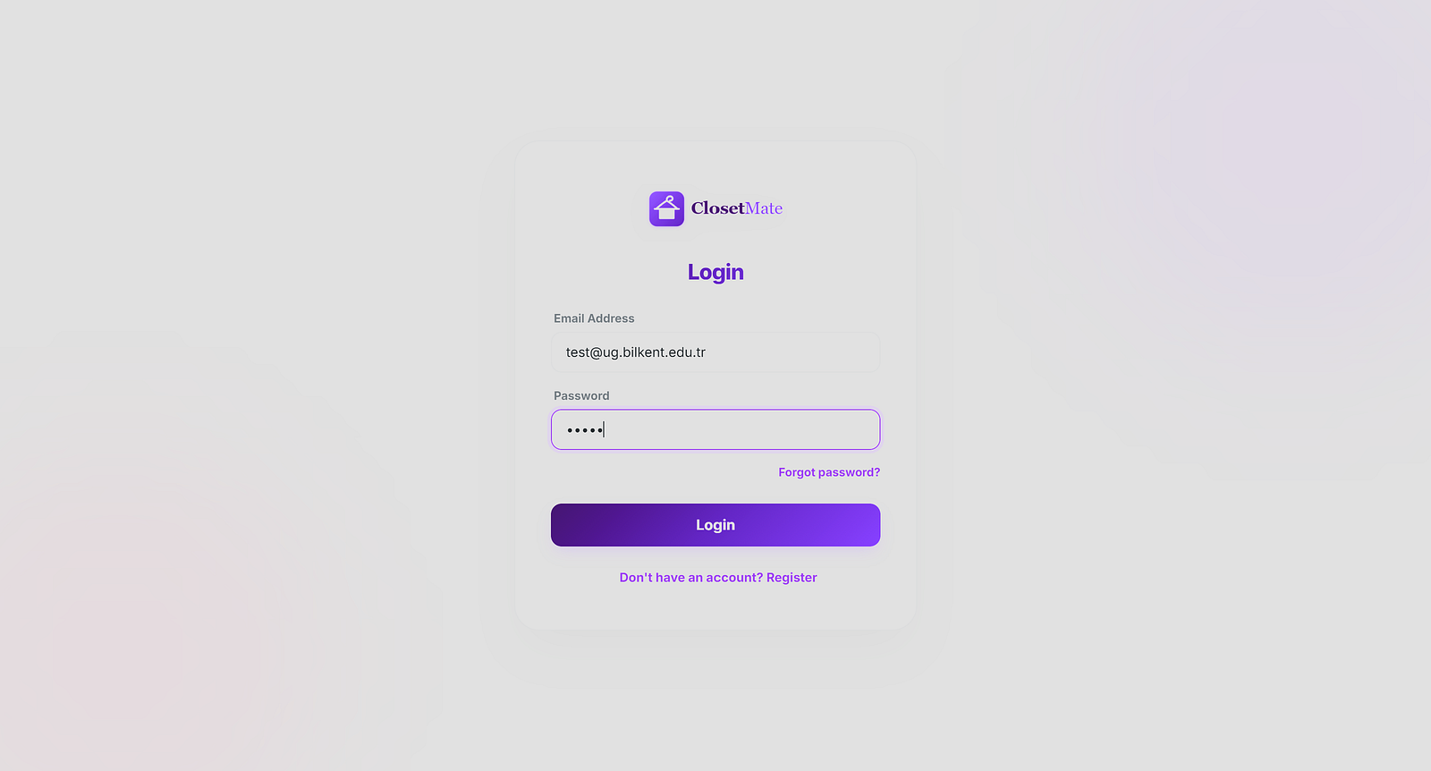 ClosetMate login page with email field showing test@ug.bilkent.edu.tr and password input