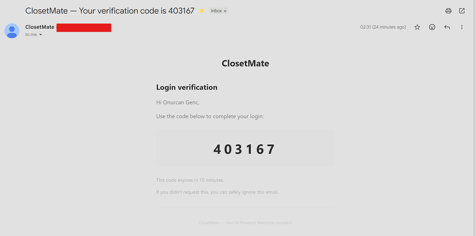 Email inbox showing ClosetMate OTP verification email with code 403167, expires in 10 minutes